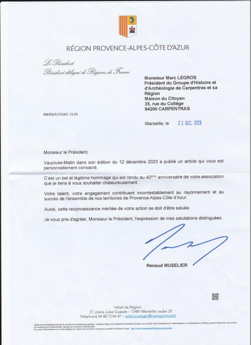 Courrier de Mr le Président de Région Paca suite à la publication de notre ouvrage sur le pays de Sault